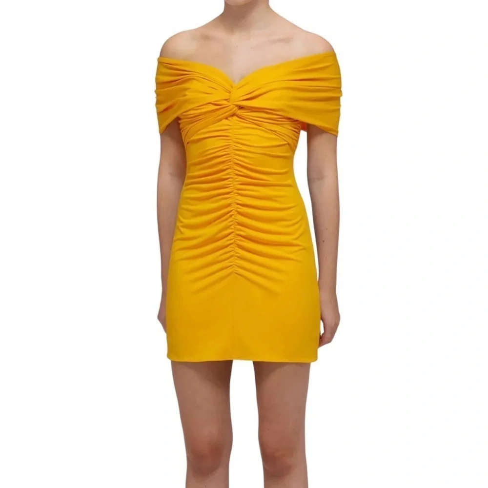 Self-Portrait Dress Bodycon Mini Size 8 Yellow Jersey Off-Shoulder Ruched - Picture 13 of 13